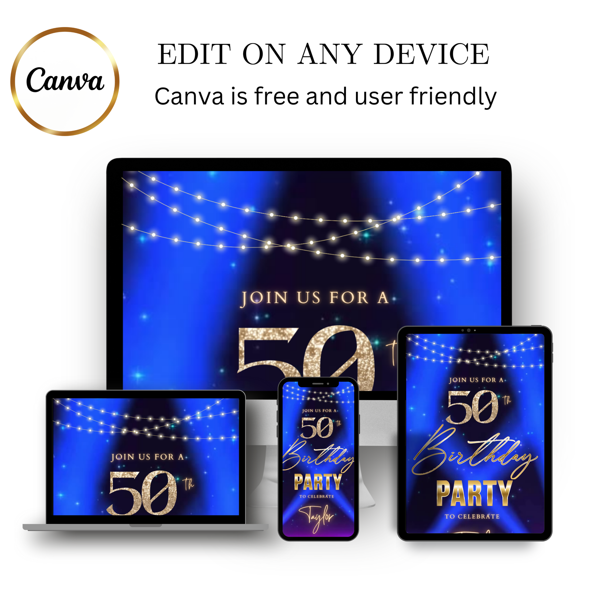 Editable blue spotlight 50th birthday video invitation displayed on a mobile phone, featuring an animated vertical digital invite with music, created in Canva. This premium video invitation template is designed for sharing by text, email, and social media and works with an interactive RSVP website for easy guest response tracking.