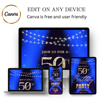 Editable blue spotlight 50th birthday video invitation displayed on a mobile phone, featuring an animated vertical digital invite with music, created in Canva. This premium video invitation template is designed for sharing by text, email, and social media and works with an interactive RSVP website for easy guest response tracking.