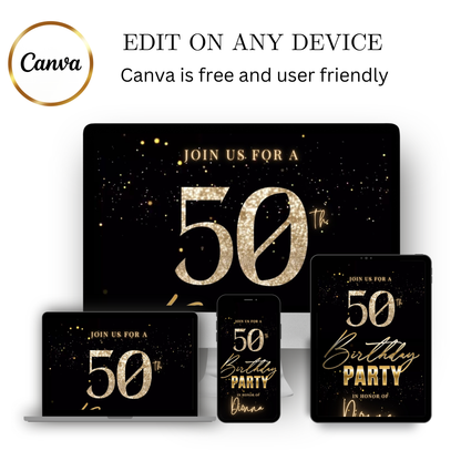 Editable black gold shimmer 50th birthday video invitation displayed on a mobile phone, featuring an animated vertical digital invite with music, created in Canva. This premium video invitation template is designed for sharing by text, email, and social media and works with an interactive RSVP website for easy guest response tracking.
