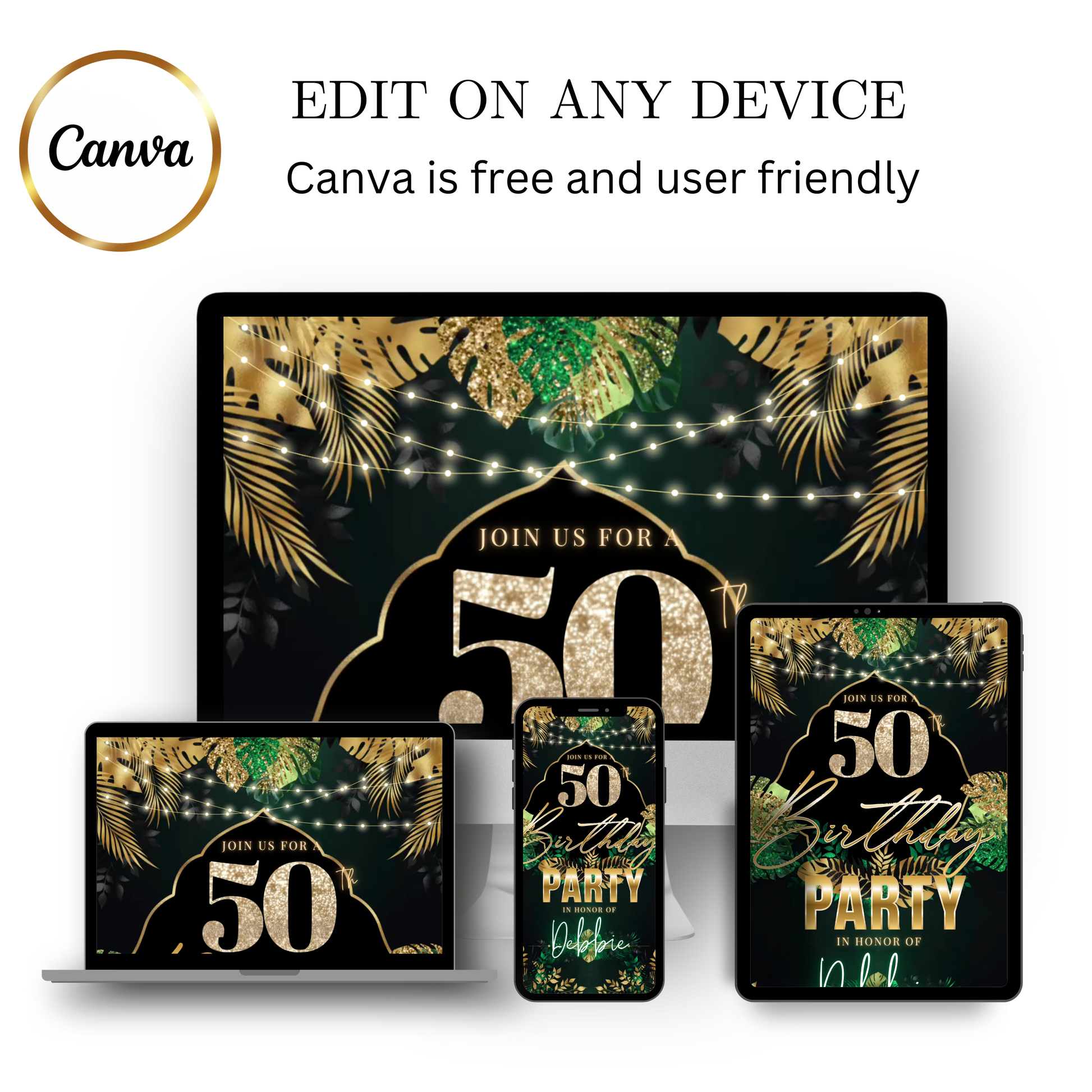 Editable tropical green gold 50th birthday video invitation displayed on a mobile phone, featuring an animated vertical digital invite with music, created in Canva. This premium video invitation template is designed for sharing by text, email, and social media and works with an interactive RSVP website for easy guest response tracking.