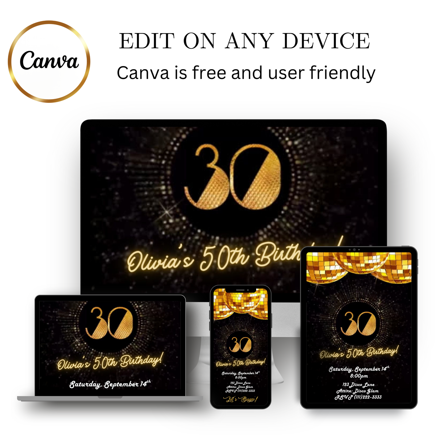 Editable gold disco 30th birthday video invitation displayed on a mobile phone, featuring an animated vertical digital invite with music, created in Canva. This premium video invitation template is designed for sharing by text, email, and social media and works with an interactive RSVP website for easy guest response tracking.