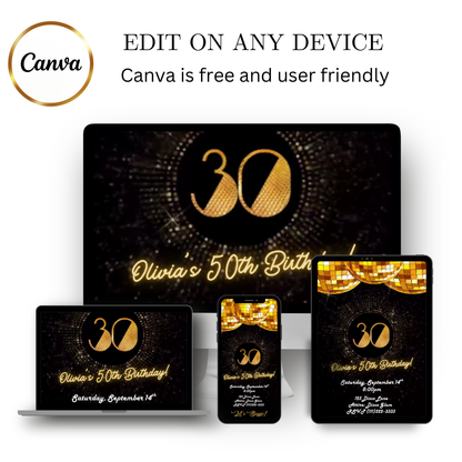 Editable gold disco 30th birthday video invitation displayed on a mobile phone, featuring an animated vertical digital invite with music, created in Canva. This premium video invitation template is designed for sharing by text, email, and social media and works with an interactive RSVP website for easy guest response tracking.