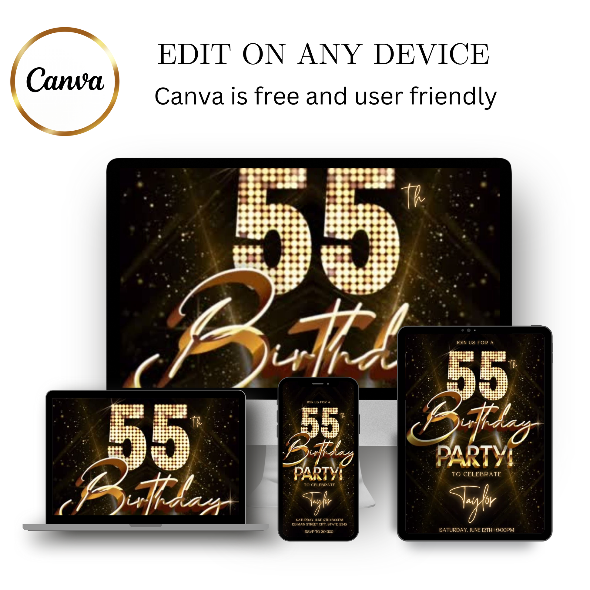 Editable gold glitter 55th birthday party video invitation displayed on a mobile phone, featuring an animated vertical digital invite with music, created in Canva. This premium video invitation template is designed for sharing by text, email, and social media and works with an interactive RSVP website for easy guest response tracking.