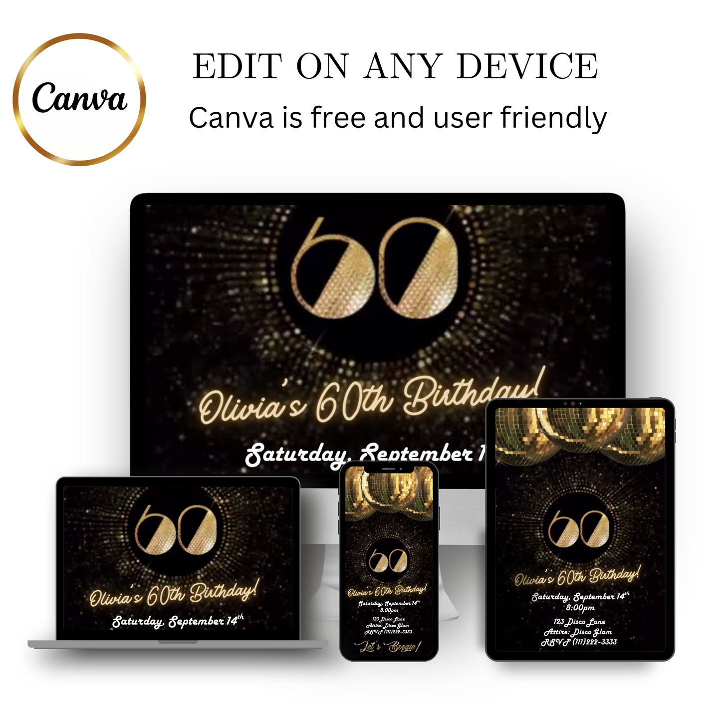 Editable gold disco 60th birthday video invitation displayed on a mobile phone, featuring an animated vertical digital invite with music, created in Canva. This premium video invitation template is designed for sharing by text, email, and social media and works with an interactive RSVP website for easy guest response tracking.