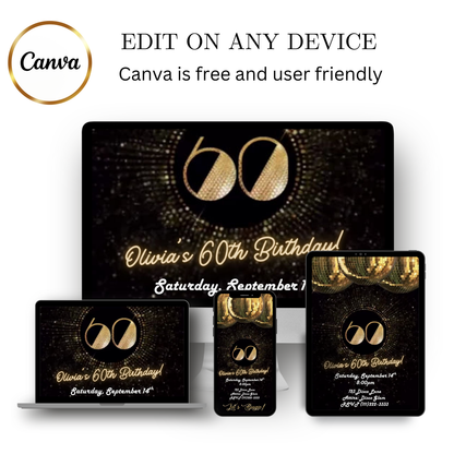 Editable gold disco 60th birthday video invitation displayed on a mobile phone, featuring an animated vertical digital invite with music, created in Canva. This premium video invitation template is designed for sharing by text, email, and social media and works with an interactive RSVP website for easy guest response tracking.