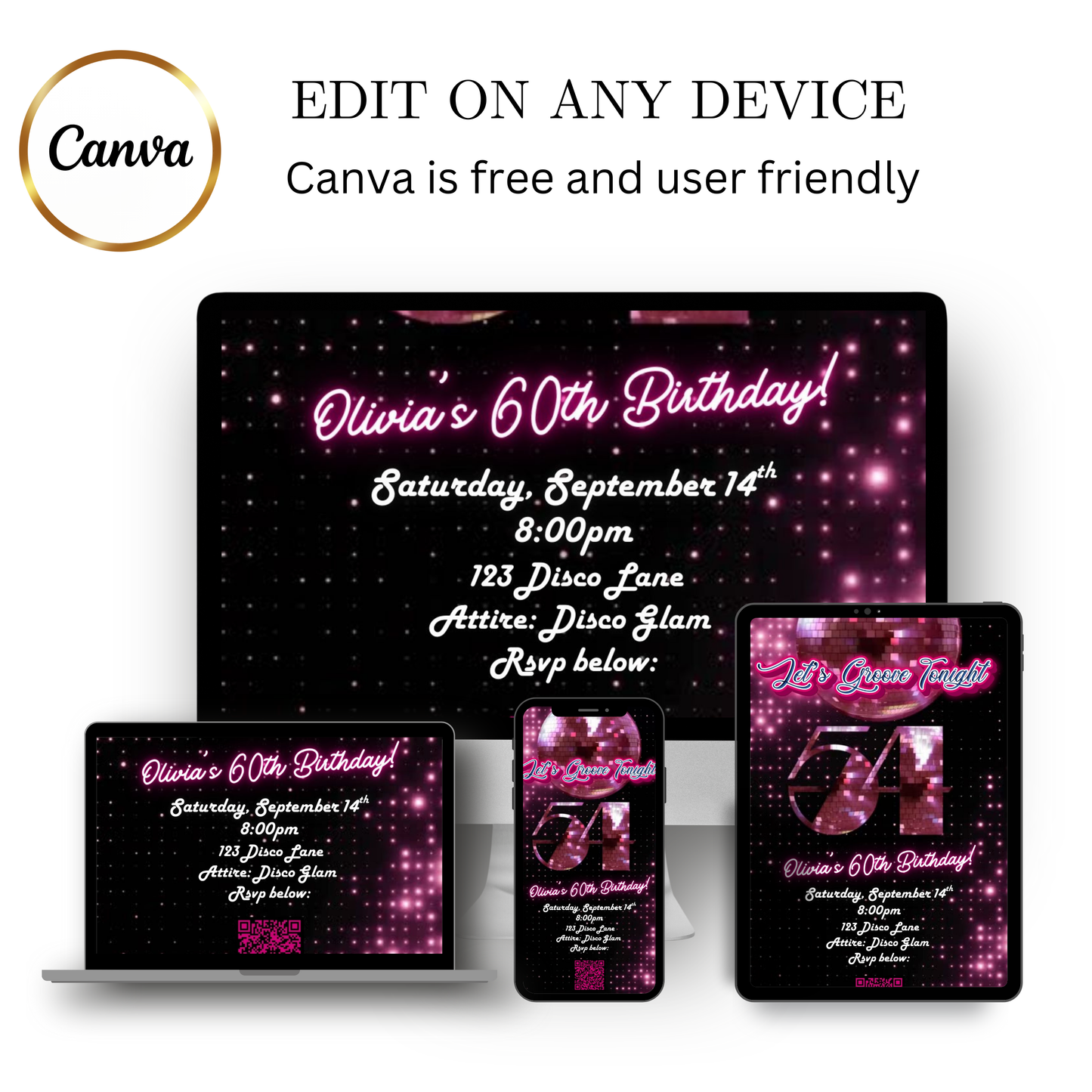Editable pink disco studio 54th birthday video invitation displayed on a mobile phone, featuring an animated vertical digital invite with music, created in Canva. This premium video invitation template is designed for sharing by text, email, and social media and works with an interactive RSVP website for easy guest response tracking.