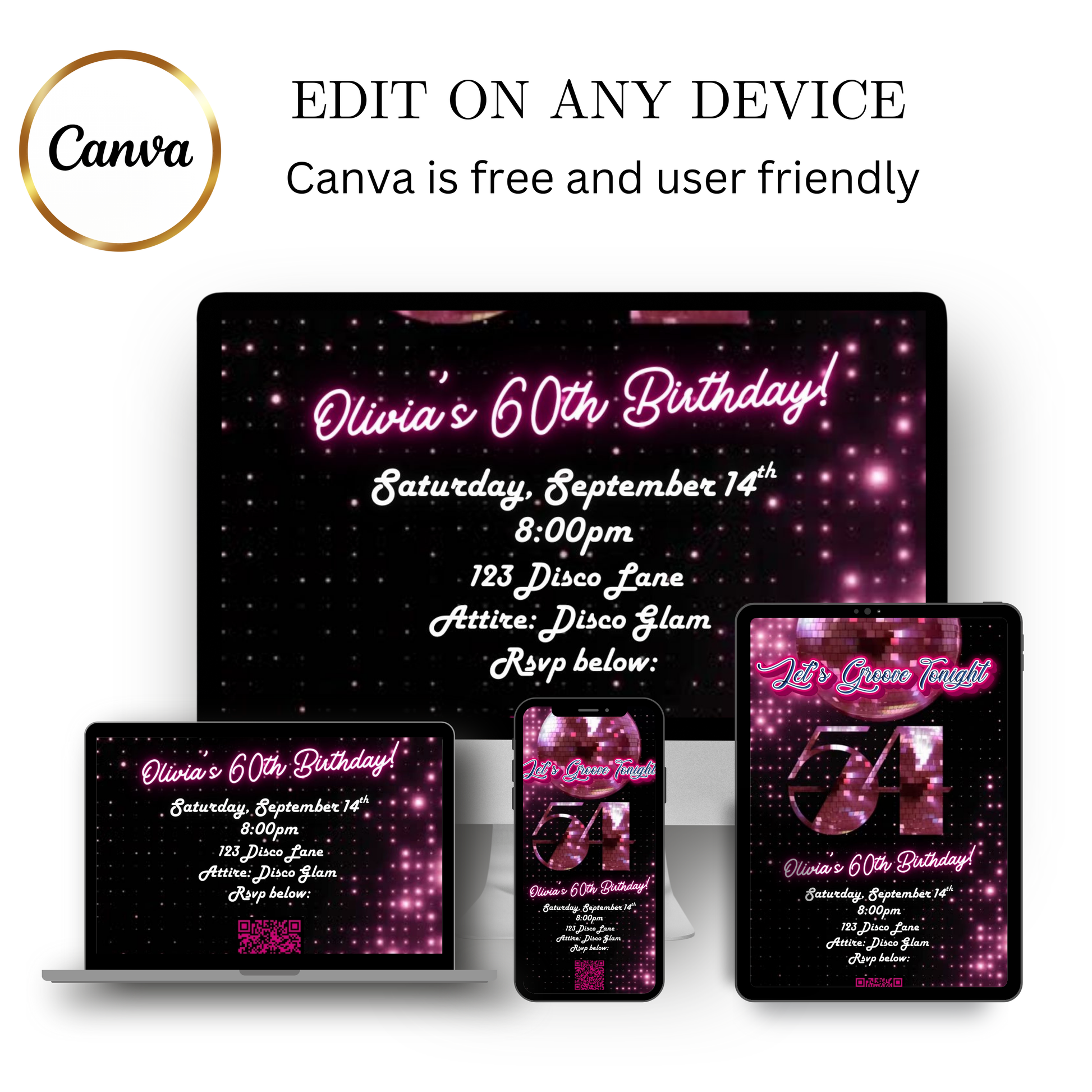 Editable pink disco studio 54th birthday video invitation displayed on a mobile phone, featuring an animated vertical digital invite with music, created in Canva. This premium video invitation template is designed for sharing by text, email, and social media and works with an interactive RSVP website for easy guest response tracking.