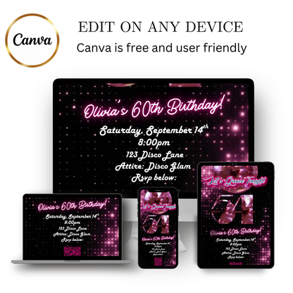 Editable pink disco studio 54th birthday video invitation displayed on a mobile phone, featuring an animated vertical digital invite with music, created in Canva. This premium video invitation template is designed for sharing by text, email, and social media and works with an interactive RSVP website for easy guest response tracking.