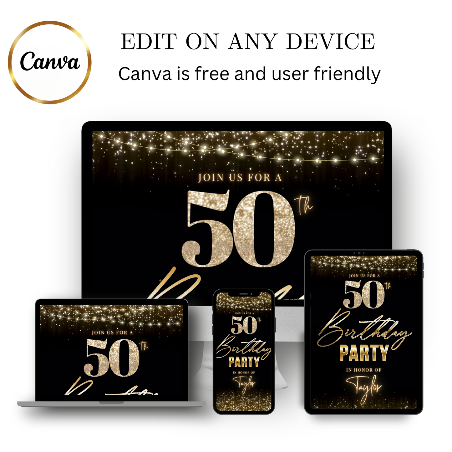 Editable black gold string lights 50th birthday video invitation displayed on a mobile phone, featuring an animated vertical digital invite with music, created in Canva. This premium video invitation template is designed for sharing by text, email, and social media and works with an interactive RSVP website for easy guest response tracking.