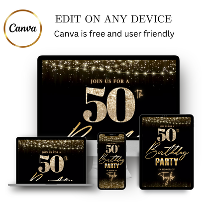 Editable black gold string lights 50th birthday video invitation displayed on a mobile phone, featuring an animated vertical digital invite with music, created in Canva. This premium video invitation template is designed for sharing by text, email, and social media and works with an interactive RSVP website for easy guest response tracking.