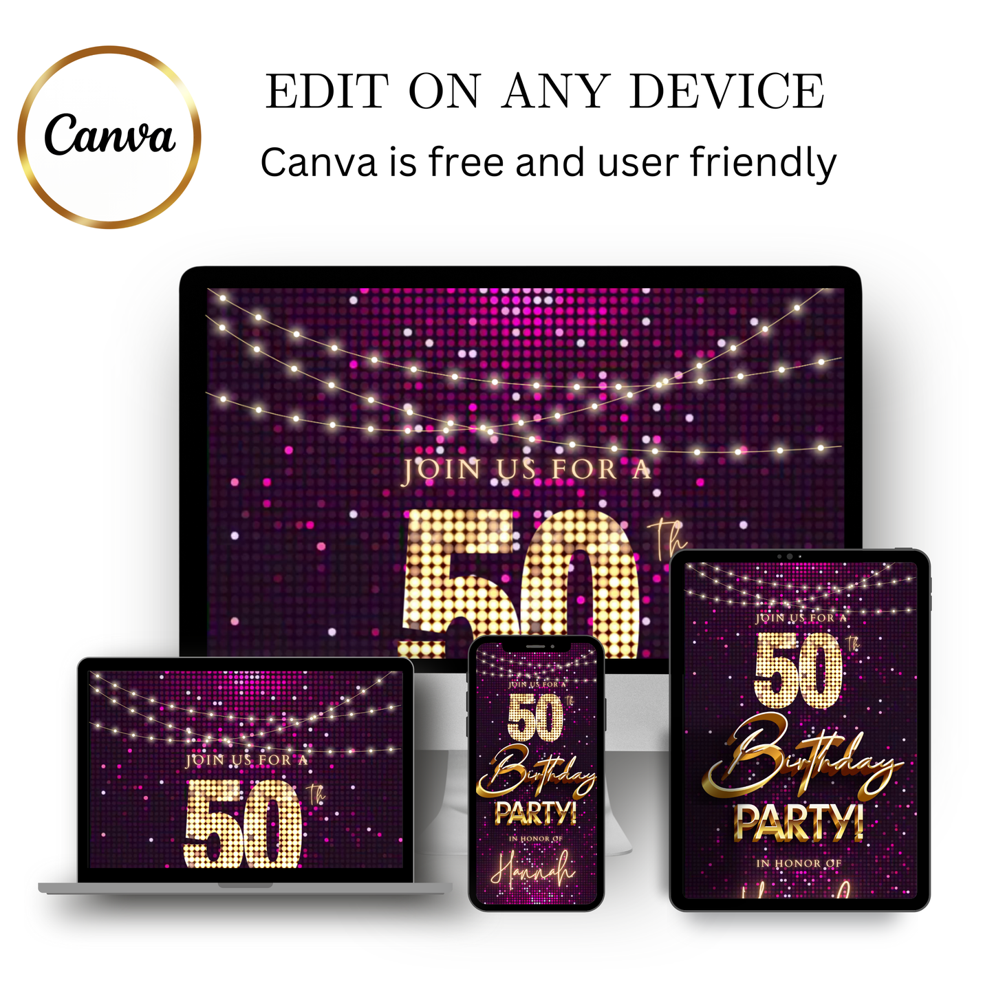 Editable purple pink glitter 50th birthday video invitation displayed on a mobile phone, featuring an animated vertical digital invite with music, created in Canva. This premium video invitation template is designed for sharing by text, email, and social media and works with an interactive RSVP website for easy guest response tracking.