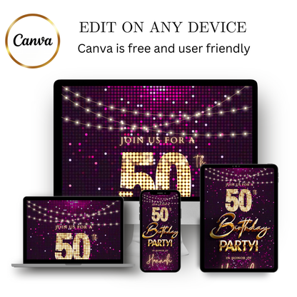 Editable purple pink glitter 50th birthday video invitation displayed on a mobile phone, featuring an animated vertical digital invite with music, created in Canva. This premium video invitation template is designed for sharing by text, email, and social media and works with an interactive RSVP website for easy guest response tracking.