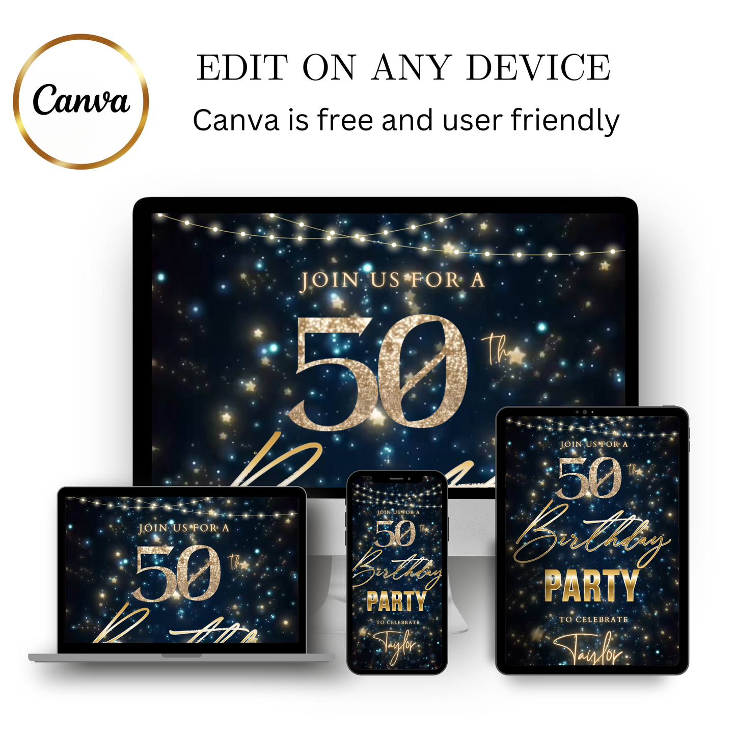 Editable navy blue gold starry 50th birthday video invitation displayed on a mobile phone, featuring an animated vertical digital invite with music, created in Canva. This premium video invitation template is designed for sharing by text, email, and social media and works with an interactive RSVP website for easy guest response tracking.