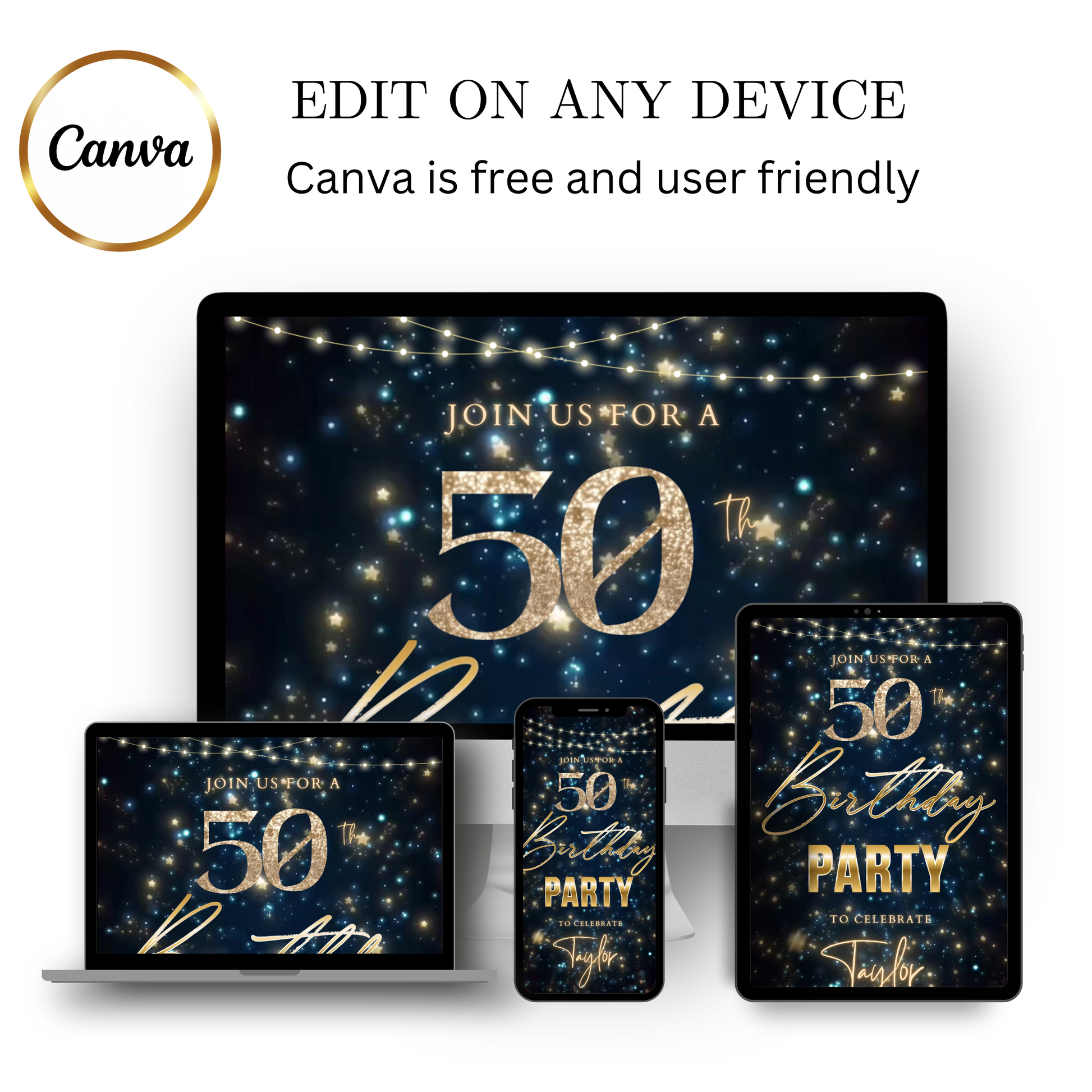 Editable navy blue gold starry 50th birthday video invitation displayed on a mobile phone, featuring an animated vertical digital invite with music, created in Canva. This premium video invitation template is designed for sharing by text, email, and social media and works with an interactive RSVP website for easy guest response tracking.