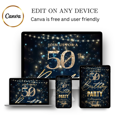 Editable navy blue gold starry 50th birthday video invitation displayed on a mobile phone, featuring an animated vertical digital invite with music, created in Canva. This premium video invitation template is designed for sharing by text, email, and social media and works with an interactive RSVP website for easy guest response tracking.