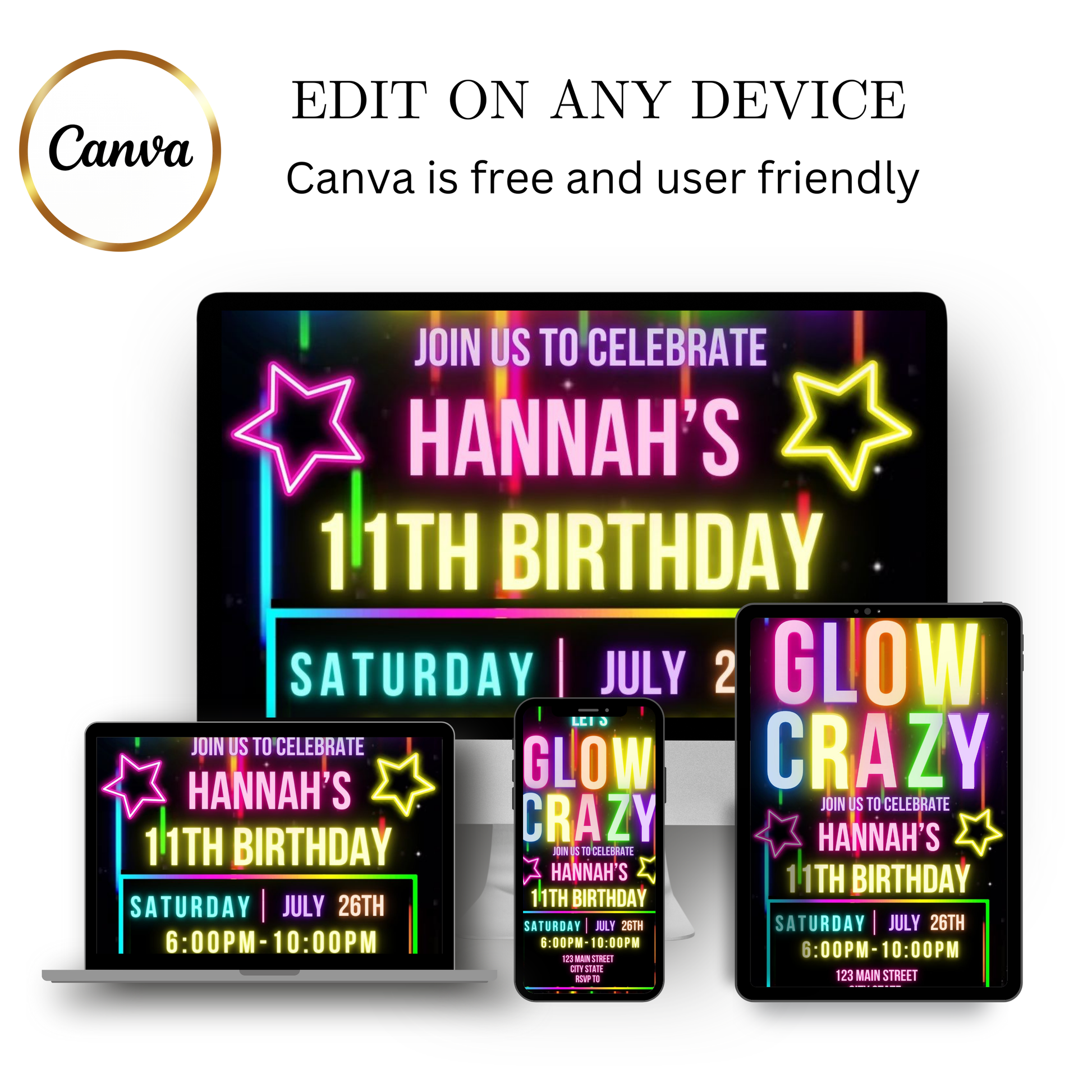 Editable glow crazy 11th birthday video invitation displayed on a mobile phone, featuring an animated vertical digital invite with music, created in Canva. This premium video invitation template is designed for sharing by text, email, and social media and works with an interactive RSVP website for easy guest response tracking.