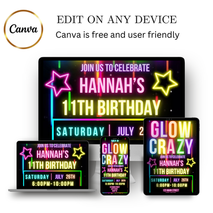 Editable glow crazy 11th birthday video invitation displayed on a mobile phone, featuring an animated vertical digital invite with music, created in Canva. This premium video invitation template is designed for sharing by text, email, and social media and works with an interactive RSVP website for easy guest response tracking.