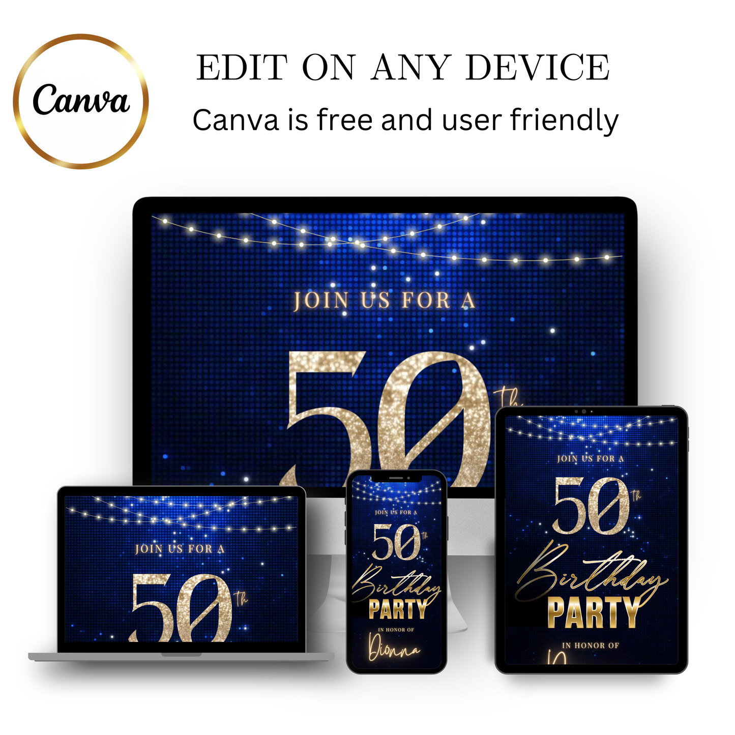 Editable navy blue glitter 50th birthday video invitation displayed on a mobile phone, featuring an animated vertical digital invite with music, created in Canva. This premium video invitation template is designed for sharing by text, email, and social media and works with an interactive RSVP website for easy guest response tracking.
