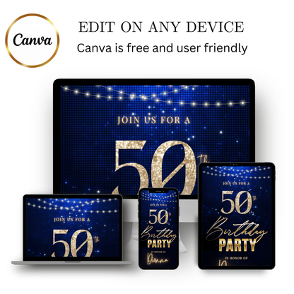 Editable navy blue glitter 50th birthday video invitation displayed on a mobile phone, featuring an animated vertical digital invite with music, created in Canva. This premium video invitation template is designed for sharing by text, email, and social media and works with an interactive RSVP website for easy guest response tracking.