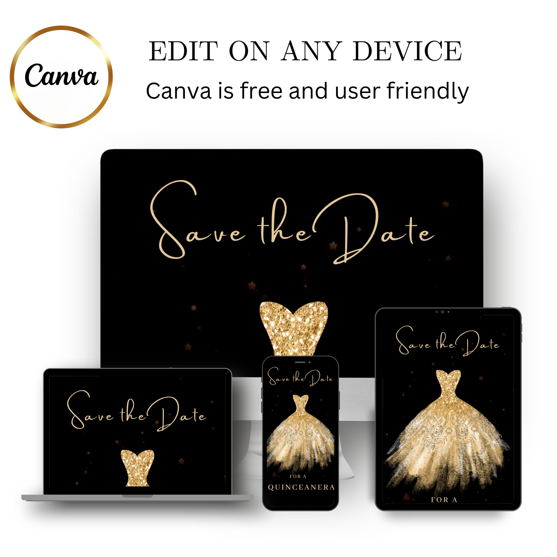 Editable gold glitter dress Quinceañera video invitation displayed on a mobile phone, featuring an animated vertical digital invite with music, created in Canva. This premium video invitation template is designed for sharing by text, email, and social media and works with an interactive RSVP website for easy guest response tracking.