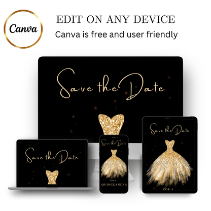 Editable gold glitter dress Quinceañera video invitation displayed on a mobile phone, featuring an animated vertical digital invite with music, created in Canva. This premium video invitation template is designed for sharing by text, email, and social media and works with an interactive RSVP website for easy guest response tracking.