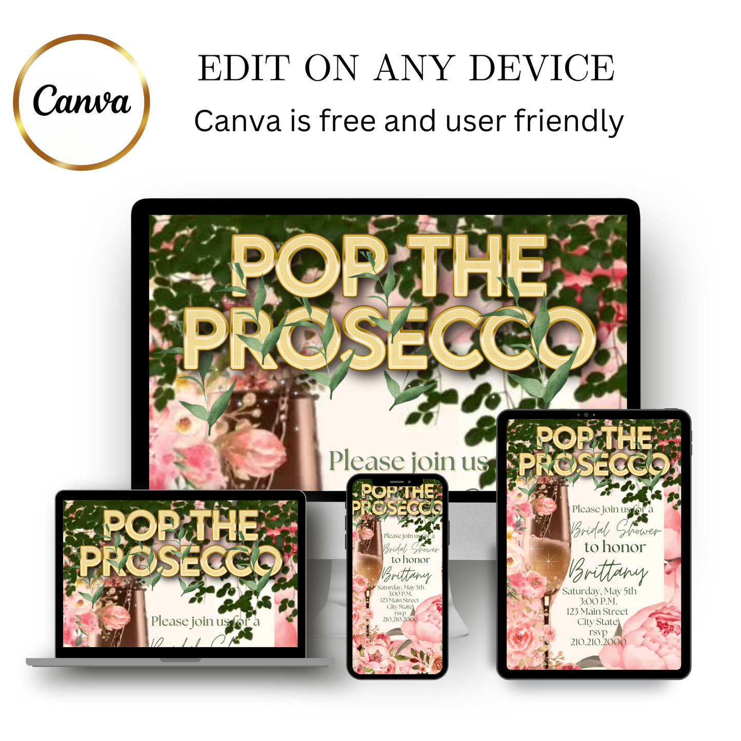 Editable pink peony pop the prosecco bridal shower video invitation displayed on a mobile phone, featuring an animated vertical digital invite with music, created in Canva. This premium video invitation template is designed for sharing by text, email, and social media and works with an interactive RSVP website for easy guest response tracking.