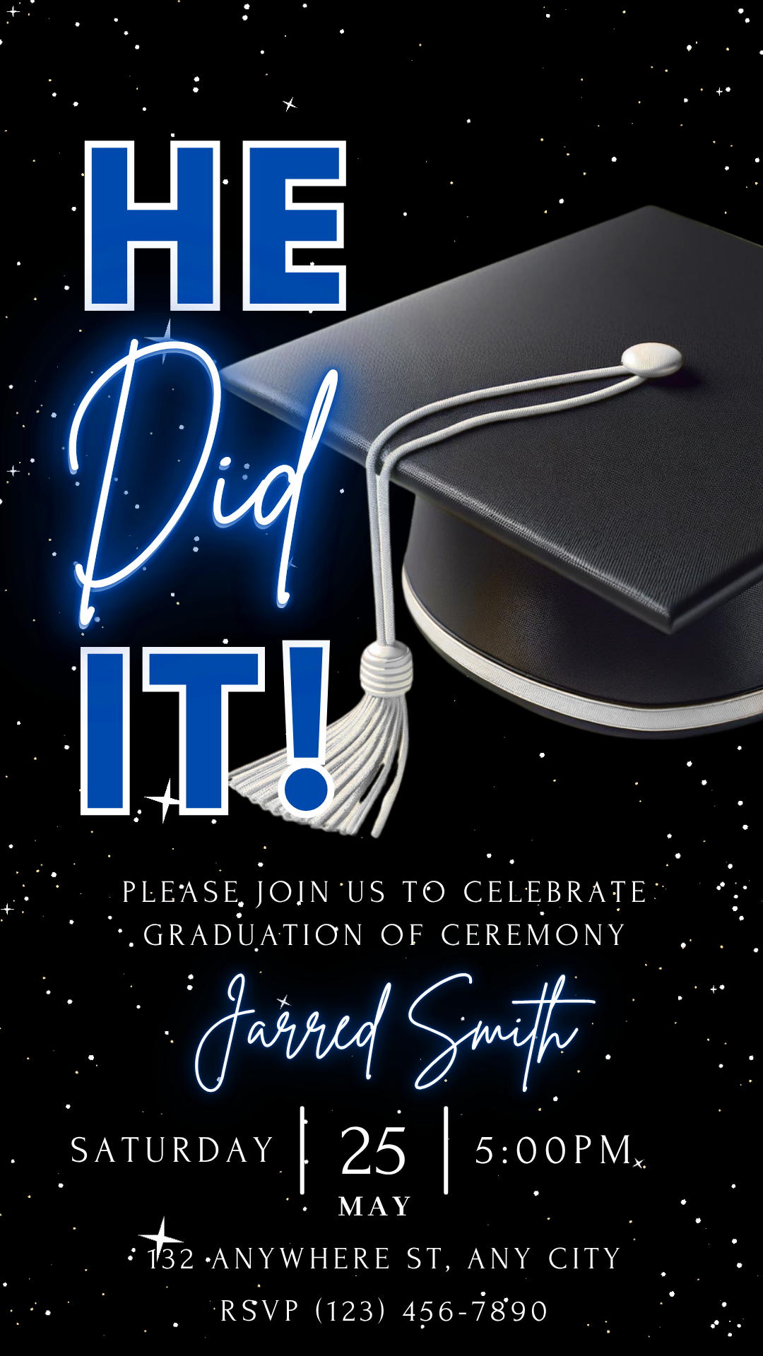 He Did It Graduation Ceremony Video Invitation – Blue & Silver Theme Instant Download