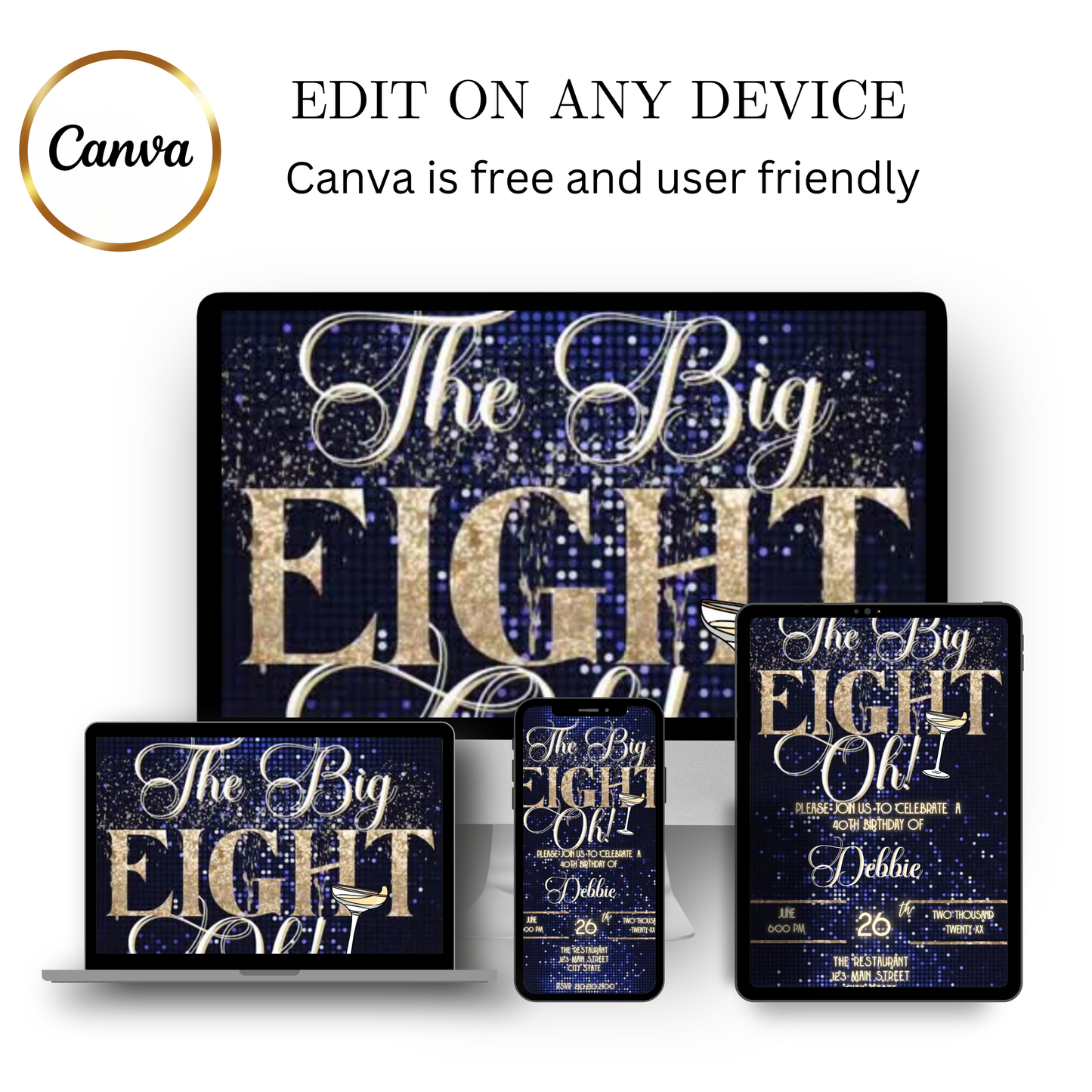 Editable navy blue glitter cocktail 80th birthday video invitation displayed on a mobile phone, featuring an animated vertical digital invite with music, created in Canva. This premium video invitation template is designed for sharing by text, email, and social media and works with an interactive RSVP website for easy guest response tracking.