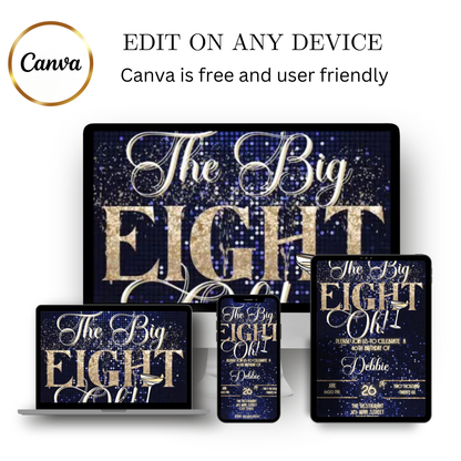 Editable navy blue glitter cocktail 80th birthday video invitation displayed on a mobile phone, featuring an animated vertical digital invite with music, created in Canva. This premium video invitation template is designed for sharing by text, email, and social media and works with an interactive RSVP website for easy guest response tracking.