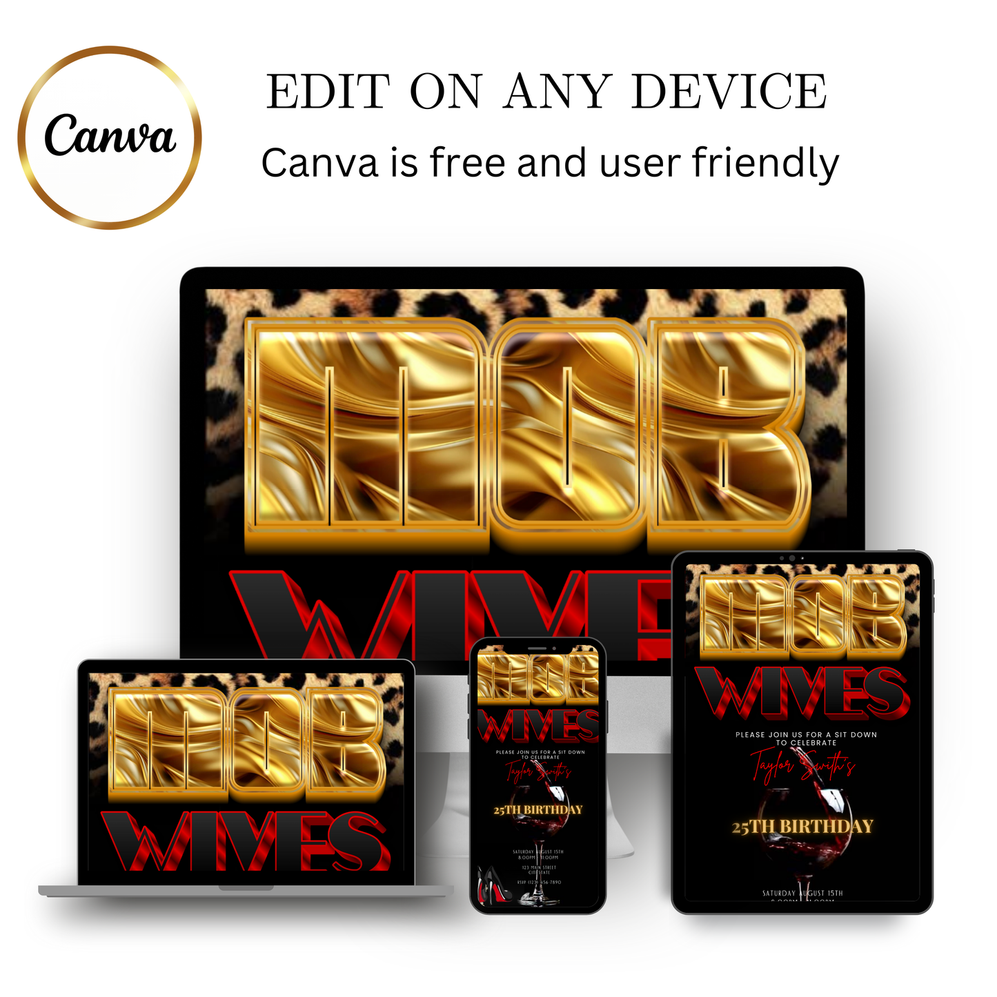 Editable mob wives leopard print 25th birthday video invitation displayed on a mobile phone, featuring an animated vertical digital invite with music, created in Canva. This premium video invitation template is designed for sharing by text, email, and social media and works with an interactive RSVP website for easy guest response tracking.