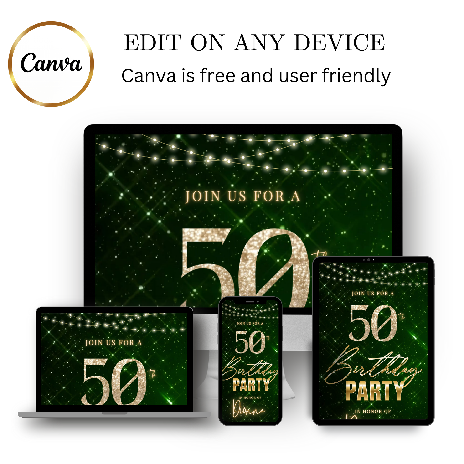 Editable emerald green sparkly 50th birthday video invitation displayed on a mobile phone, featuring an animated vertical digital invite with music, created in Canva. This premium video invitation template is designed for sharing by text, email, and social media and works with an interactive RSVP website for easy guest response tracking.