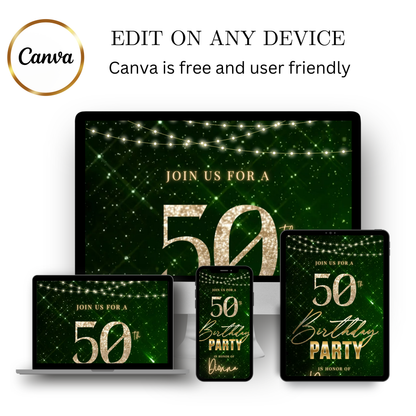 Editable emerald green sparkly 50th birthday video invitation displayed on a mobile phone, featuring an animated vertical digital invite with music, created in Canva. This premium video invitation template is designed for sharing by text, email, and social media and works with an interactive RSVP website for easy guest response tracking.