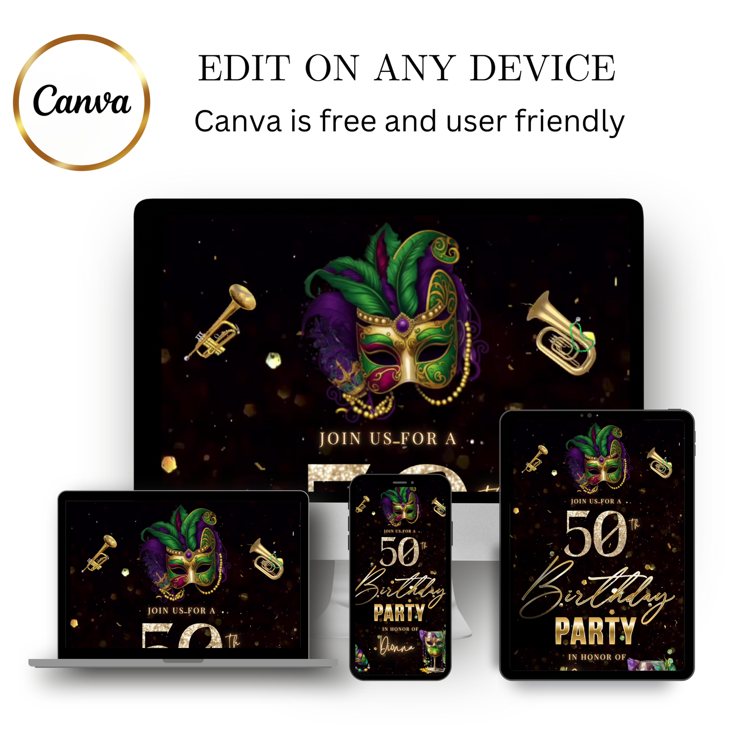 Editable mardi gras masquerade 50th birthday – editable canva animated video invitation displayed on a mobile phone, featuring an animated vertical digital invite with music, created in Canva. This premium video invitation template is designed for sharing by text, email, and social media and works with an interactive RSVP website for easy guest response tracking.