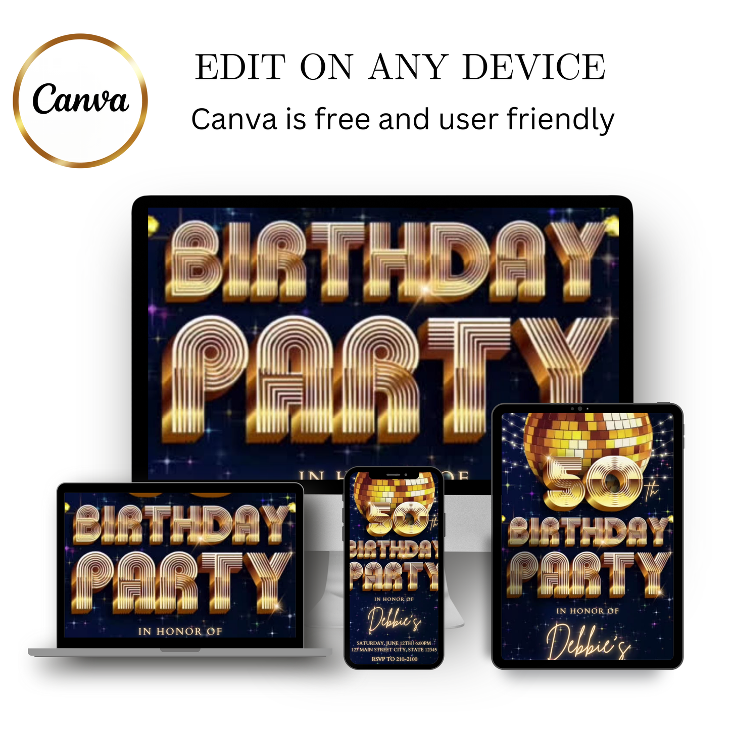 Editable blue gold disco 50th birthday party video invitation displayed on a mobile phone, featuring an animated vertical digital invite with music, created in Canva. This premium video invitation template is designed for sharing by text, email, and social media and works with an interactive RSVP website for easy guest response tracking.