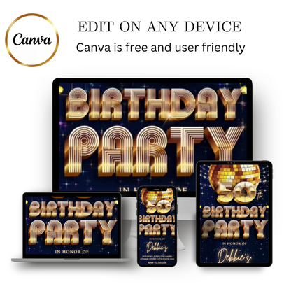 Editable blue gold disco 50th birthday party video invitation displayed on a mobile phone, featuring an animated vertical digital invite with music, created in Canva. This premium video invitation template is designed for sharing by text, email, and social media and works with an interactive RSVP website for easy guest response tracking.