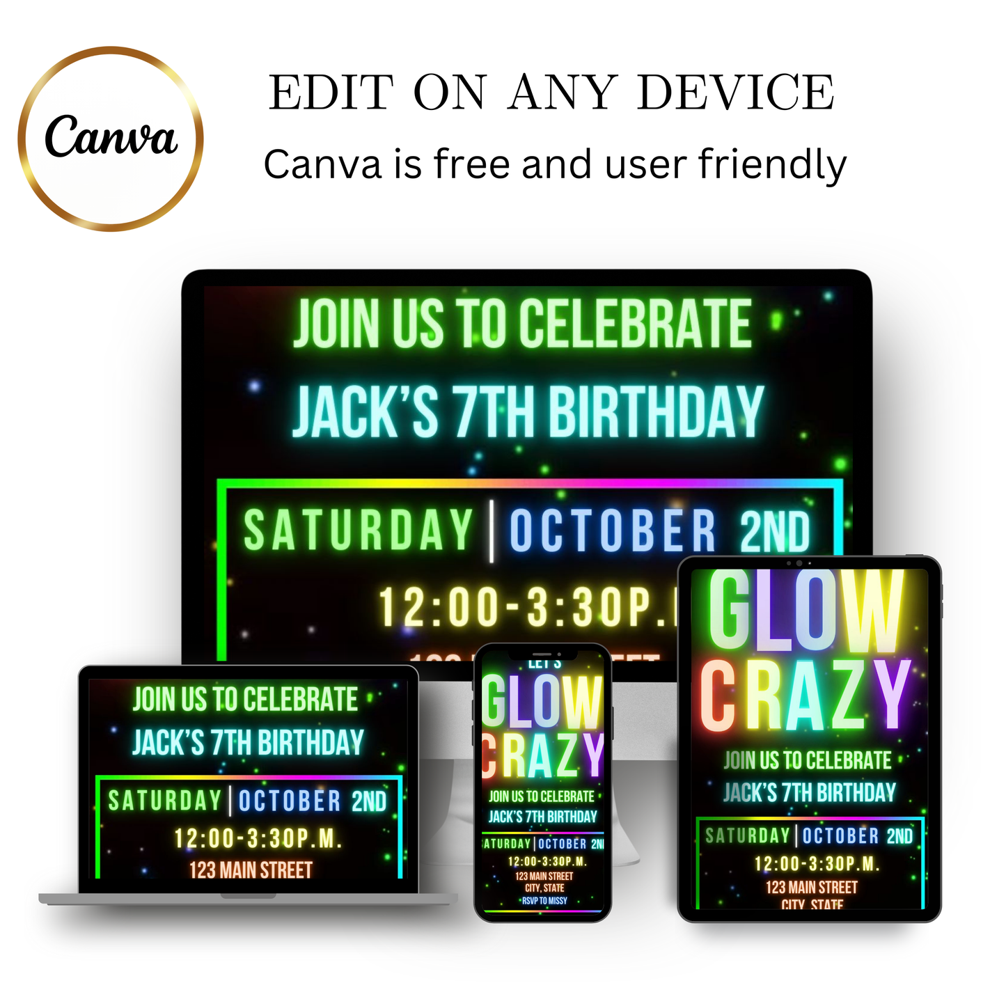 Editable neon glow kids birthday video invitation displayed on a mobile phone, featuring an animated vertical digital invite with music, created in Canva. This premium video invitation template is designed for sharing by text, email, and social media and works with an interactive RSVP website for easy guest response tracking.