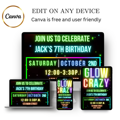 Editable neon glow kids birthday video invitation displayed on a mobile phone, featuring an animated vertical digital invite with music, created in Canva. This premium video invitation template is designed for sharing by text, email, and social media and works with an interactive RSVP website for easy guest response tracking.