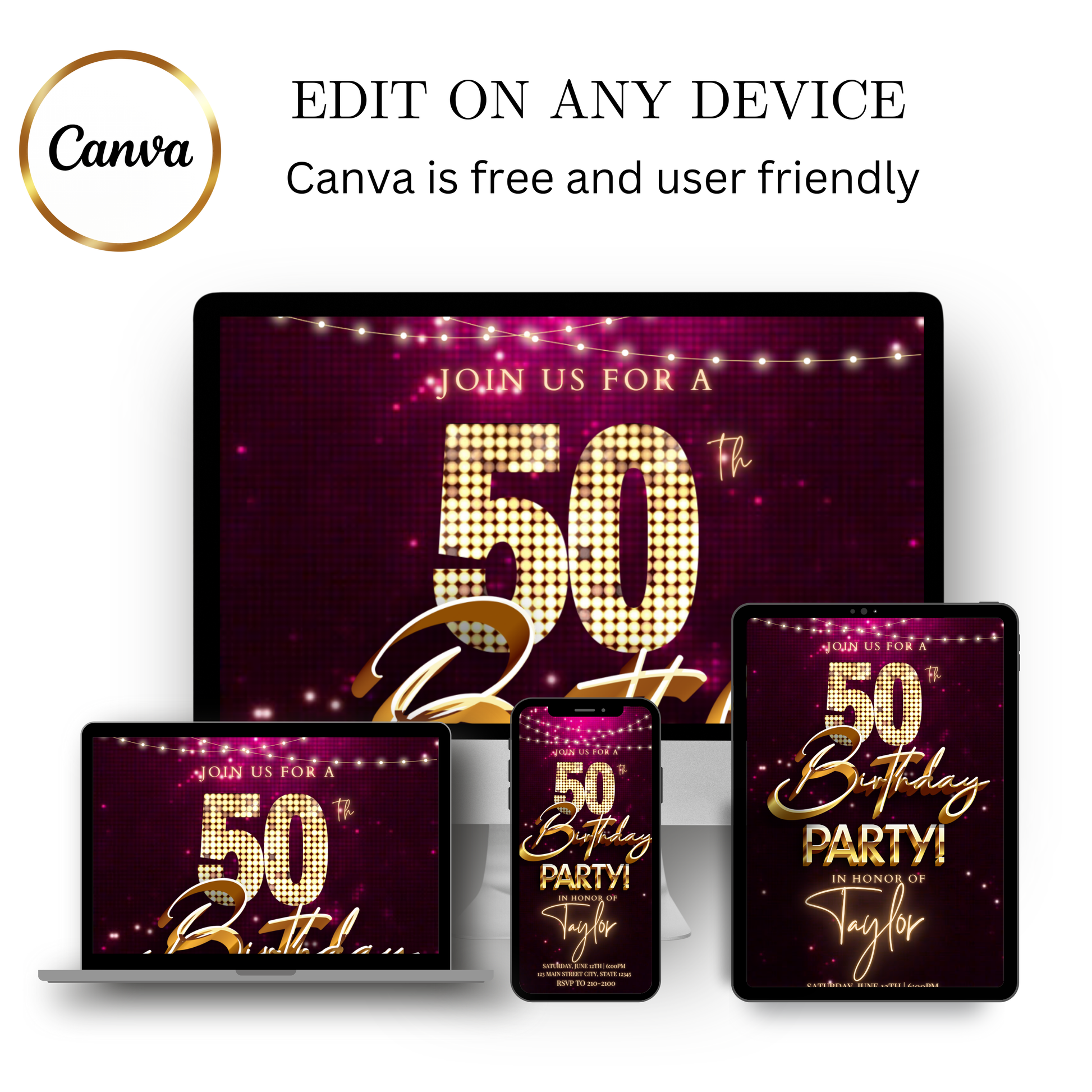 Editable magenta gold sequin 50th birthday video invitation displayed on a mobile phone, featuring an animated vertical digital invite with music, created in Canva. This premium video invitation template is designed for sharing by text, email, and social media and works with an interactive RSVP website for easy guest response tracking.