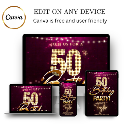 Editable magenta gold sequin 50th birthday video invitation displayed on a mobile phone, featuring an animated vertical digital invite with music, created in Canva. This premium video invitation template is designed for sharing by text, email, and social media and works with an interactive RSVP website for easy guest response tracking.