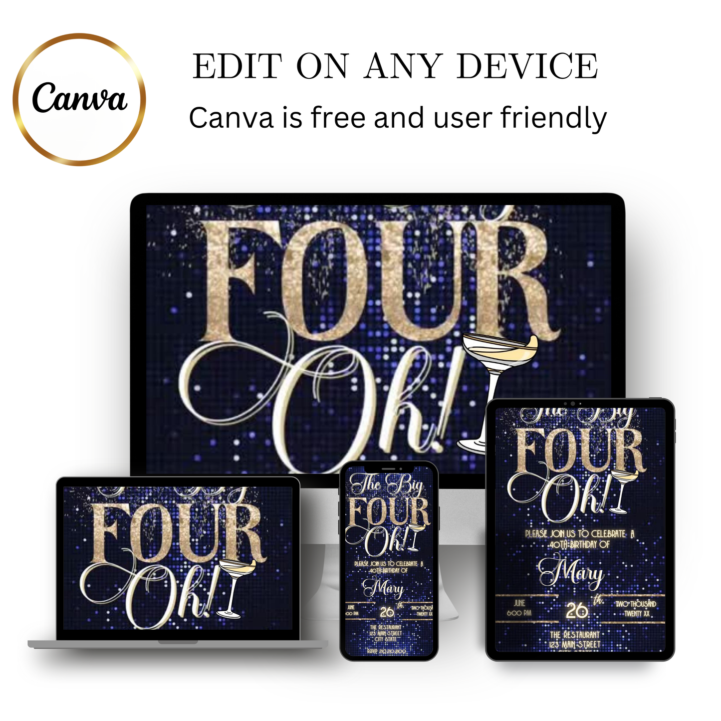 Editable blue gold 40th birthday video invitation displayed on a mobile phone, featuring an animated vertical digital invite with music, created in Canva. This premium video invitation template is designed for sharing by text, email, and social media and works with an interactive RSVP website for easy guest response tracking.