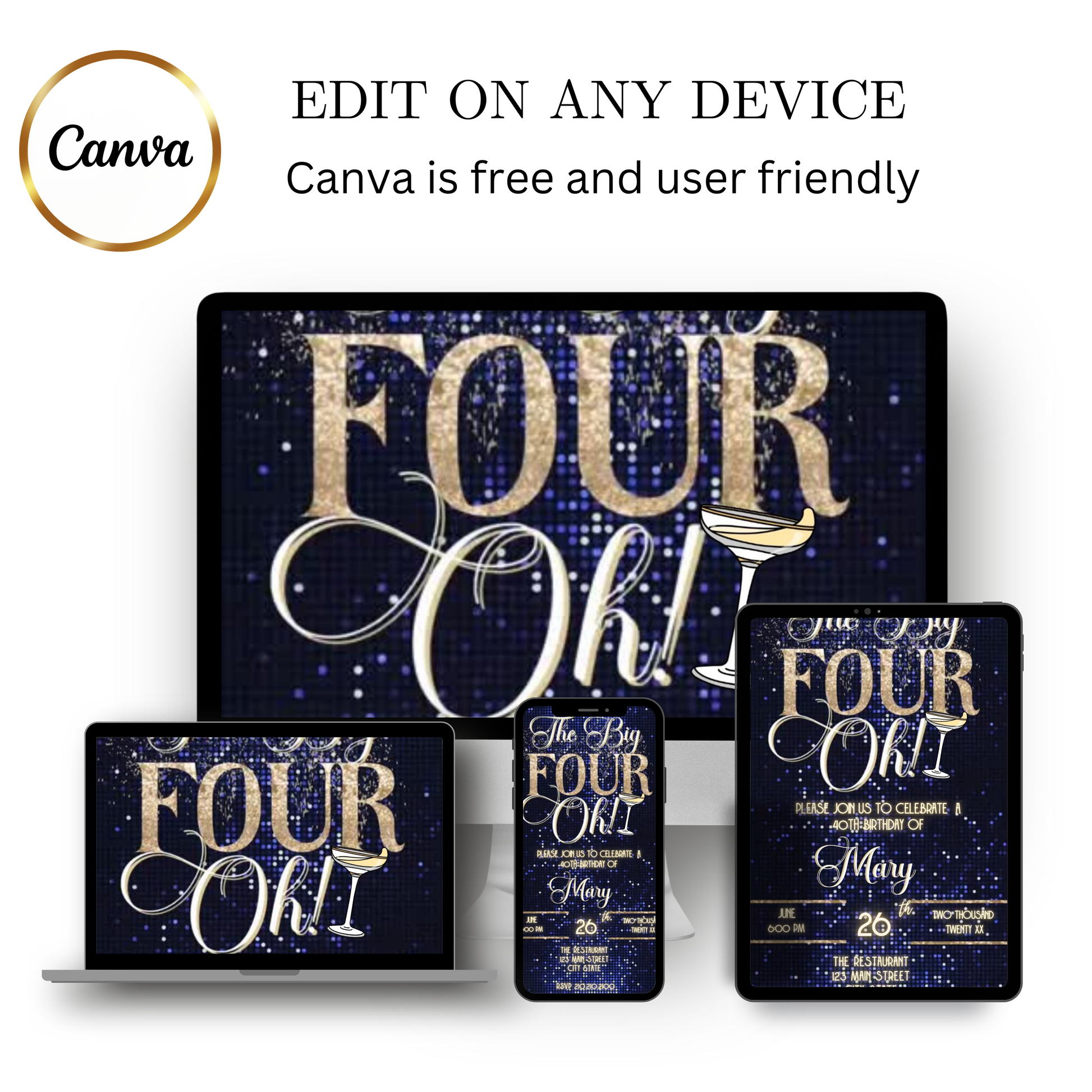 Editable blue gold 40th birthday video invitation displayed on a mobile phone, featuring an animated vertical digital invite with music, created in Canva. This premium video invitation template is designed for sharing by text, email, and social media and works with an interactive RSVP website for easy guest response tracking.