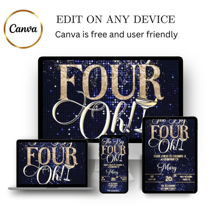 Editable blue gold 40th birthday video invitation displayed on a mobile phone, featuring an animated vertical digital invite with music, created in Canva. This premium video invitation template is designed for sharing by text, email, and social media and works with an interactive RSVP website for easy guest response tracking.