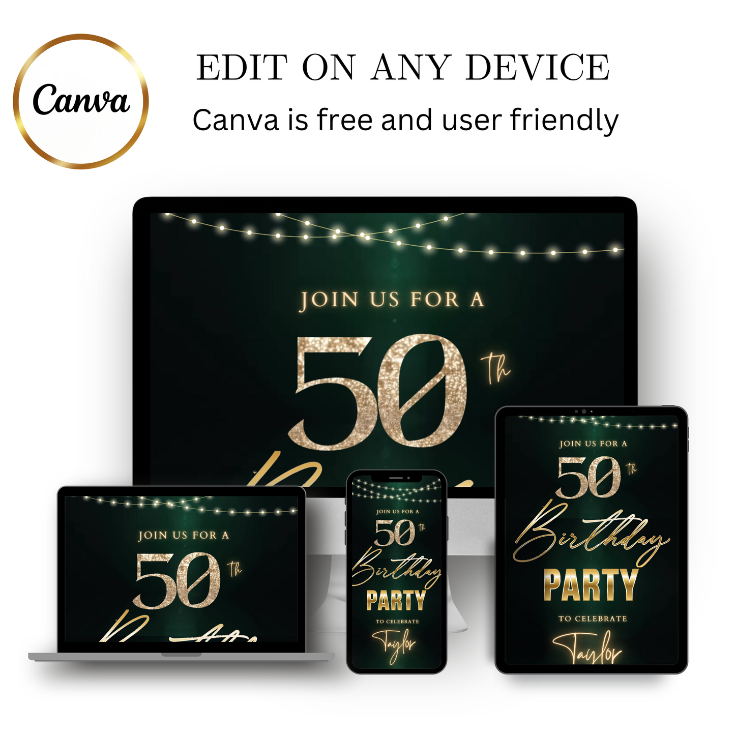 Editable dark green gold string lights 50th birthday video invitation displayed on a mobile phone, featuring an animated vertical digital invite with music, created in Canva. This premium video invitation template is designed for sharing by text, email, and social media and works with an interactive RSVP website for easy guest response tracking.