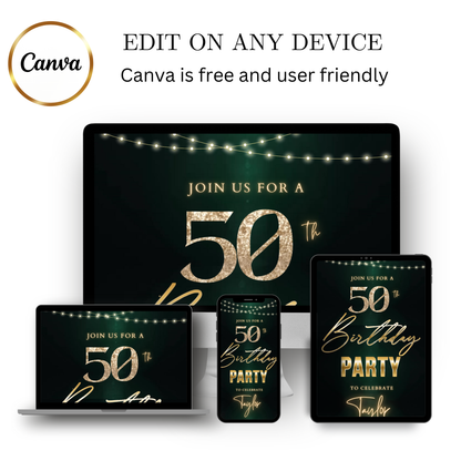 Editable dark green gold string lights 50th birthday video invitation displayed on a mobile phone, featuring an animated vertical digital invite with music, created in Canva. This premium video invitation template is designed for sharing by text, email, and social media and works with an interactive RSVP website for easy guest response tracking.