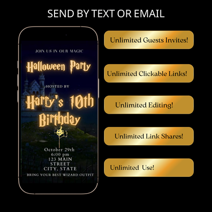 Editable wizard halloween birthday birthday video invitation displayed on a mobile phone, featuring an animated vertical digital invite with music, created in Canva. This premium video invitation template is designed for sharing by text, email, and social media and works with an interactive RSVP website for easy guest response tracking.
