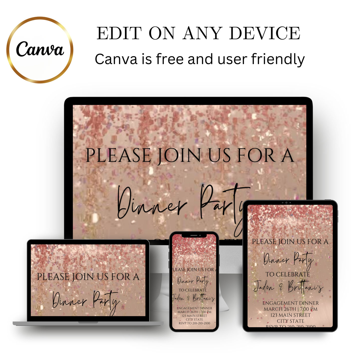 Editable rose gold watercolor glitter engagement dinner video invitation displayed on a mobile phone, featuring an animated vertical digital invite with music, created in Canva. This premium video invitation template is designed for sharing by text, email, and social media and works with an interactive RSVP website for easy guest response tracking.