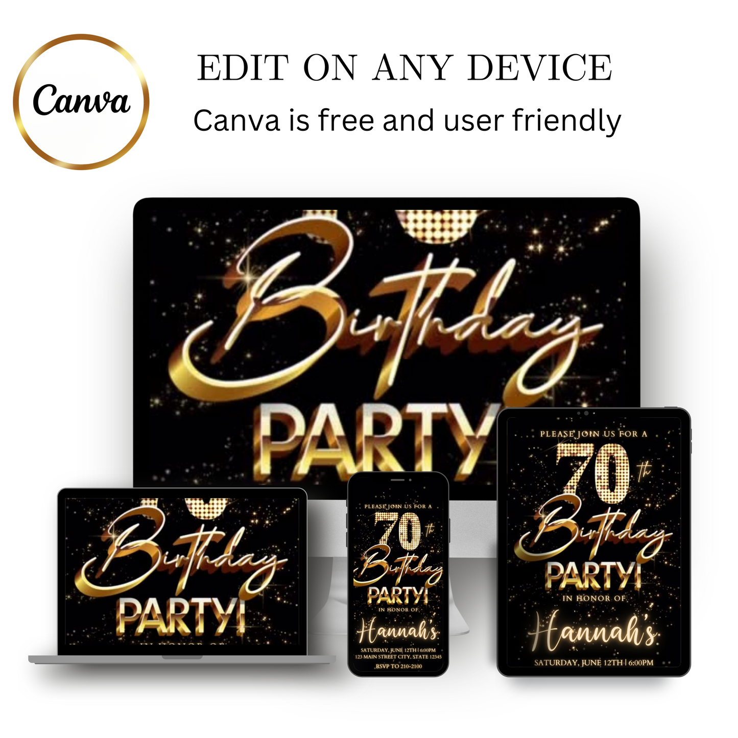 Editable gold fireworks 70th birthday video invitation displayed on a mobile phone, featuring an animated vertical digital invite with music, created in Canva. This premium video invitation template is designed for sharing by text, email, and social media and works with an interactive RSVP website for easy guest response tracking.