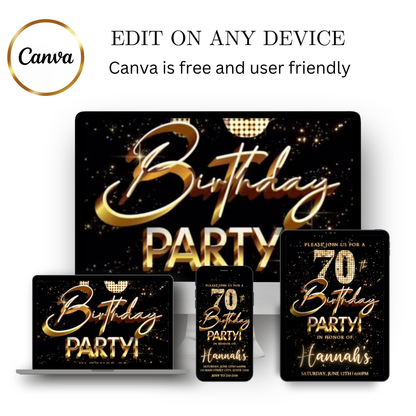 Editable gold fireworks 70th birthday video invitation displayed on a mobile phone, featuring an animated vertical digital invite with music, created in Canva. This premium video invitation template is designed for sharing by text, email, and social media and works with an interactive RSVP website for easy guest response tracking.