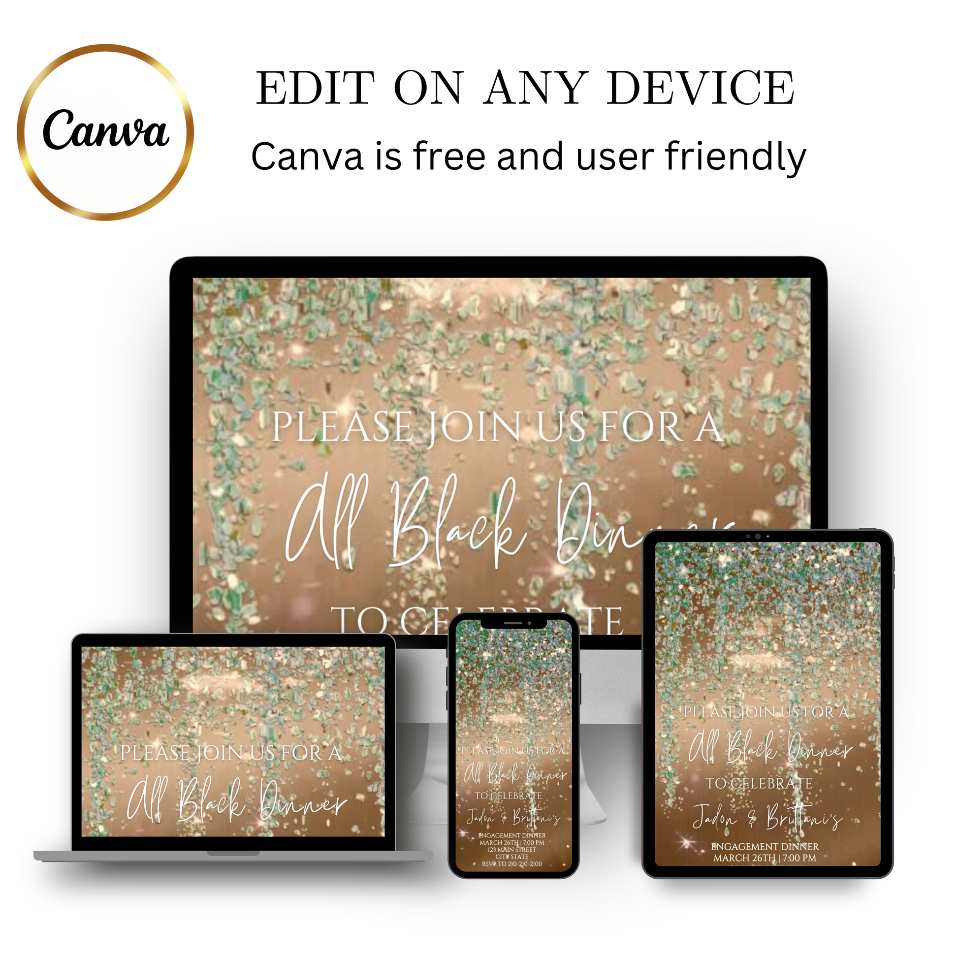 Editable sage green and gold watercolor glitter engagement dinner video invitation displayed on a mobile phone, featuring an animated vertical digital invite with music, created in Canva. This premium video invitation template is designed for sharing by text, email, and social media and works with an interactive RSVP website for easy guest response tracking.