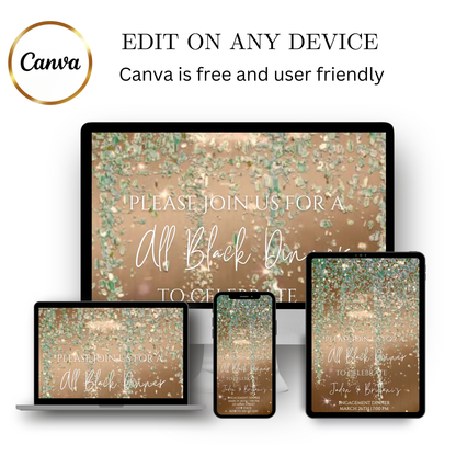 Editable sage green and gold watercolor glitter engagement dinner video invitation displayed on a mobile phone, featuring an animated vertical digital invite with music, created in Canva. This premium video invitation template is designed for sharing by text, email, and social media and works with an interactive RSVP website for easy guest response tracking.